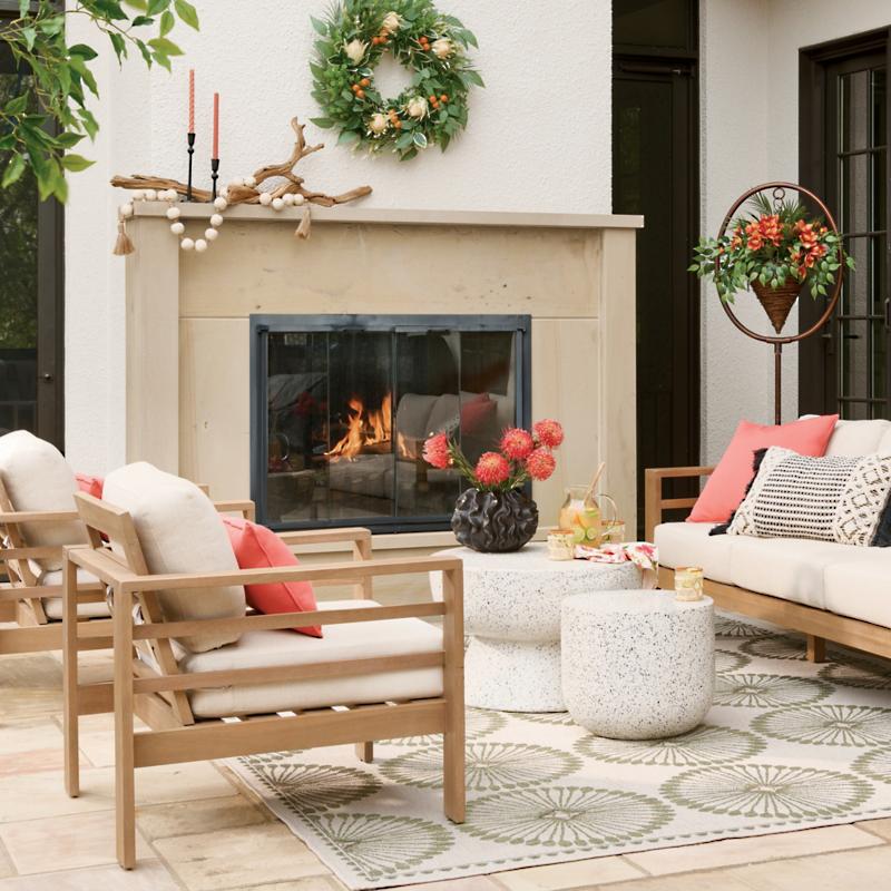 Terrazzo cluster outdoor coffee table styled in modern outdoor seating area