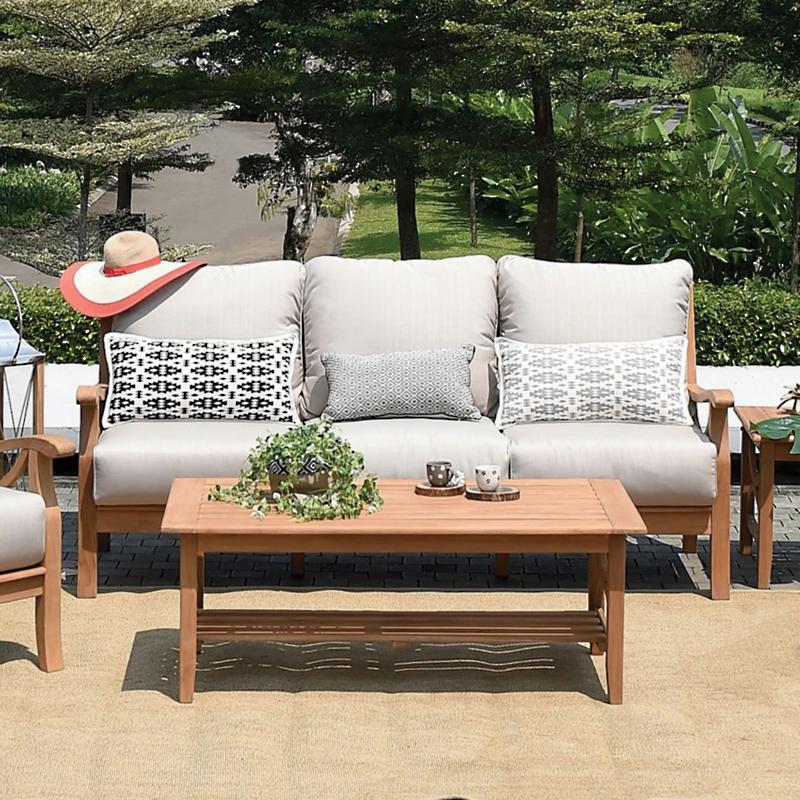 Sarasota teak outdoor sofa modern luxury patio seating area with wooden coffee table TITLE
